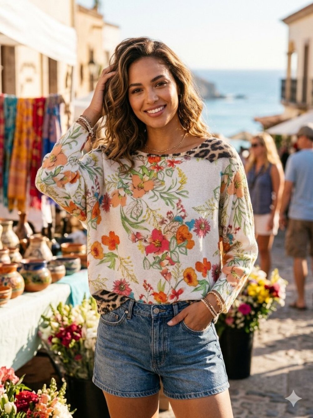 Coastal Bloom Lightweight Open-Stitch Batwing Sweater